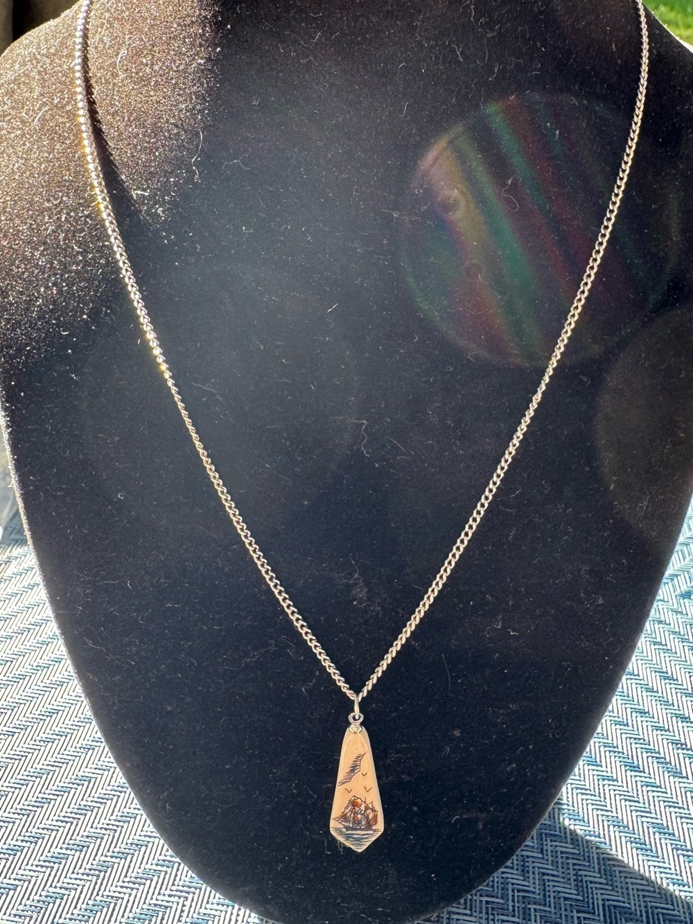 Vintage Etched Scrimshaw Nautical Pendant Necklace